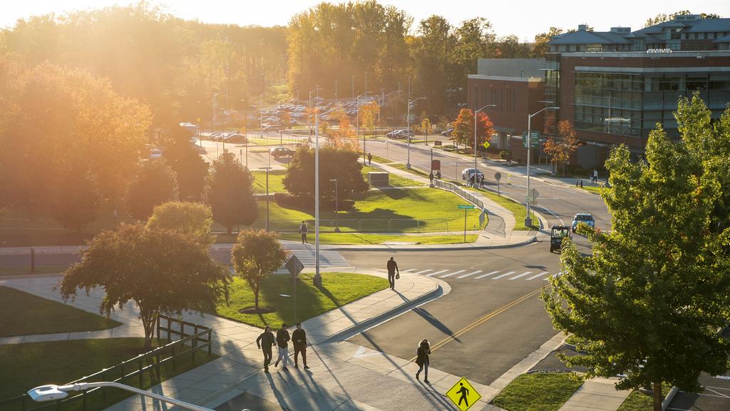 Fairfax campus near Merten Hall as the sun is near the horizon.